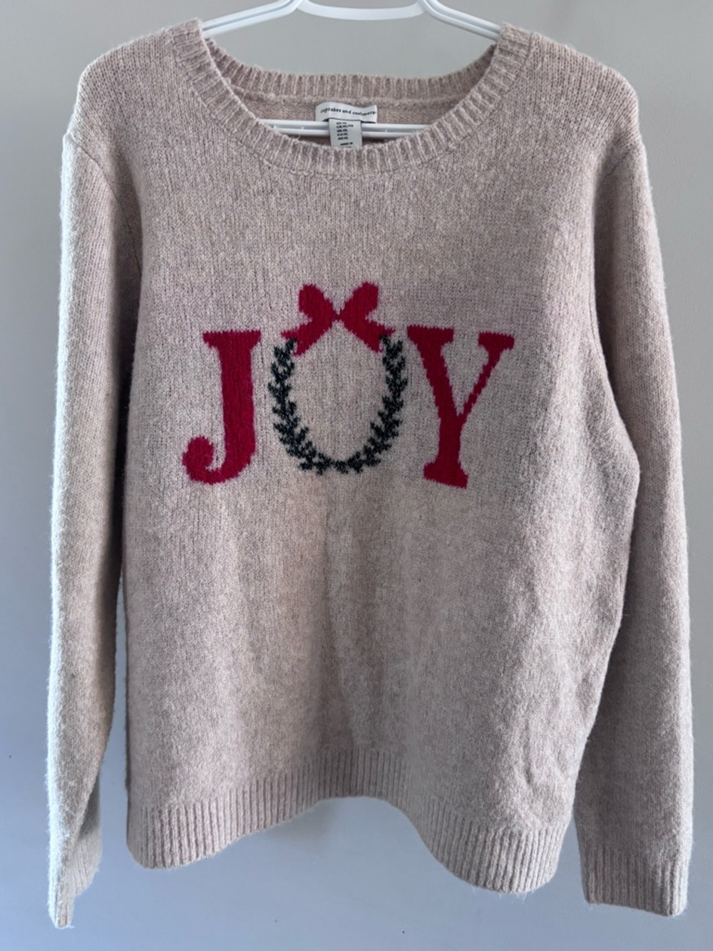 cupcakes & cashmere Beige Crewneck Sweater with Red JOY and Green Wreath